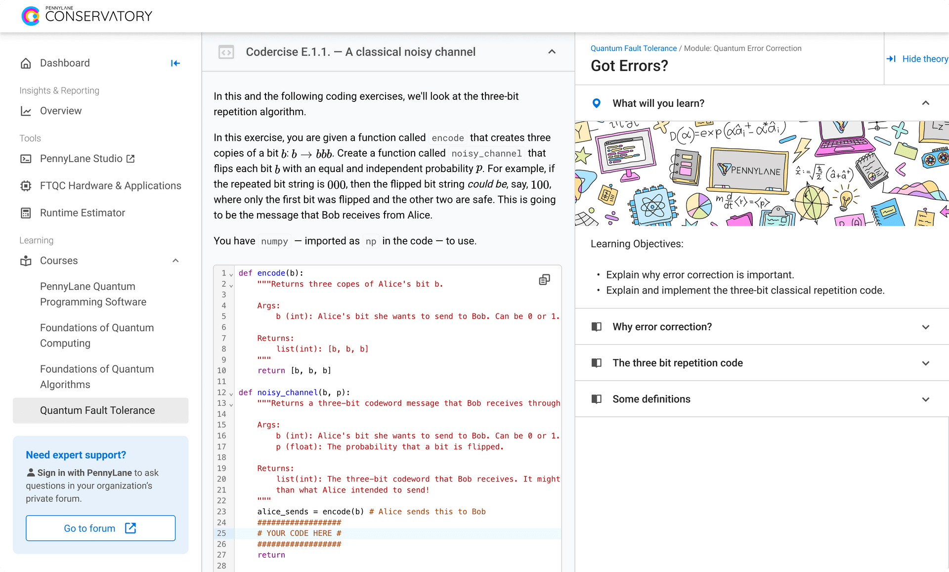 Conservatory topic page: a codercise with code editor next to the theory panel