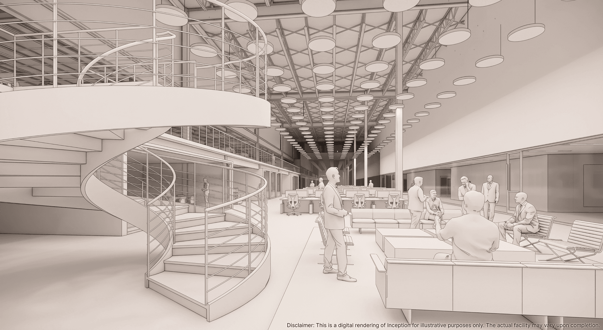 Digital rendering of the Inception lounge beneath the steel roof trusses
